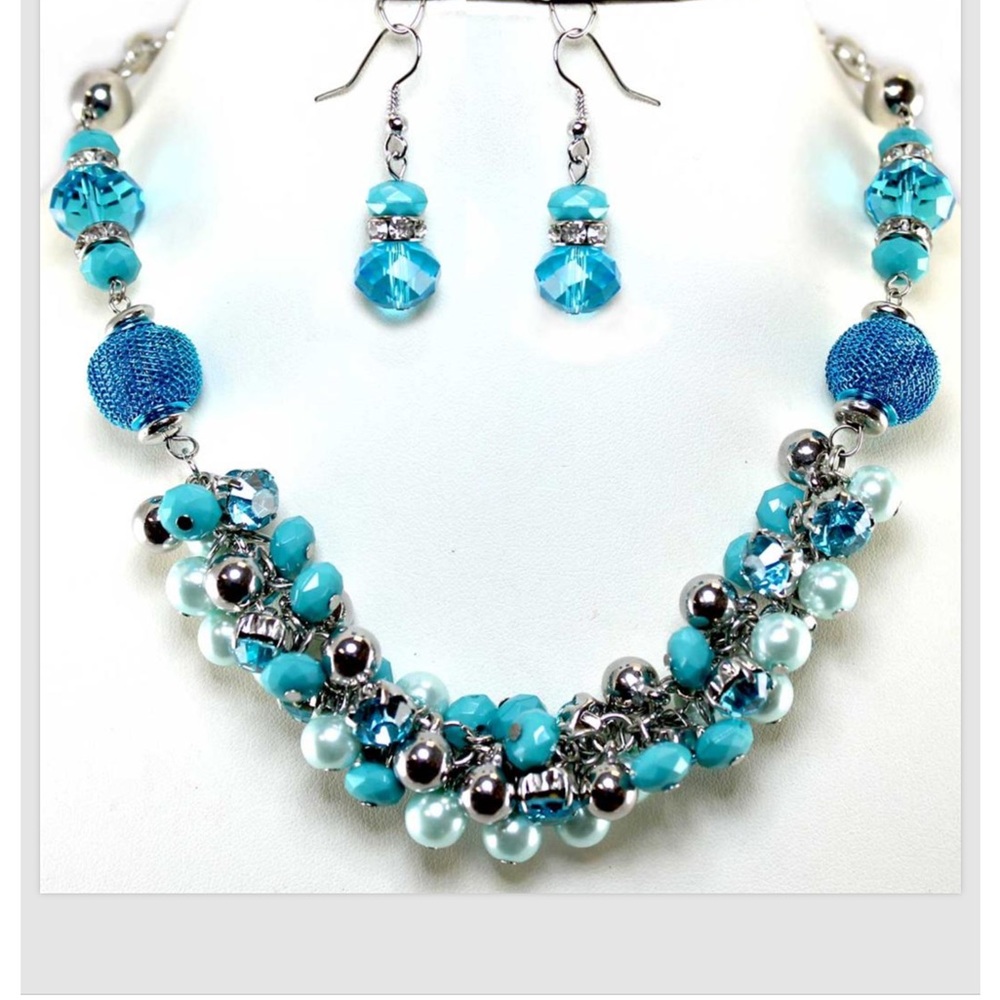 Necklace Earrings Set Turquoise Silver Crystal Imitation Pearl Jewelry Women